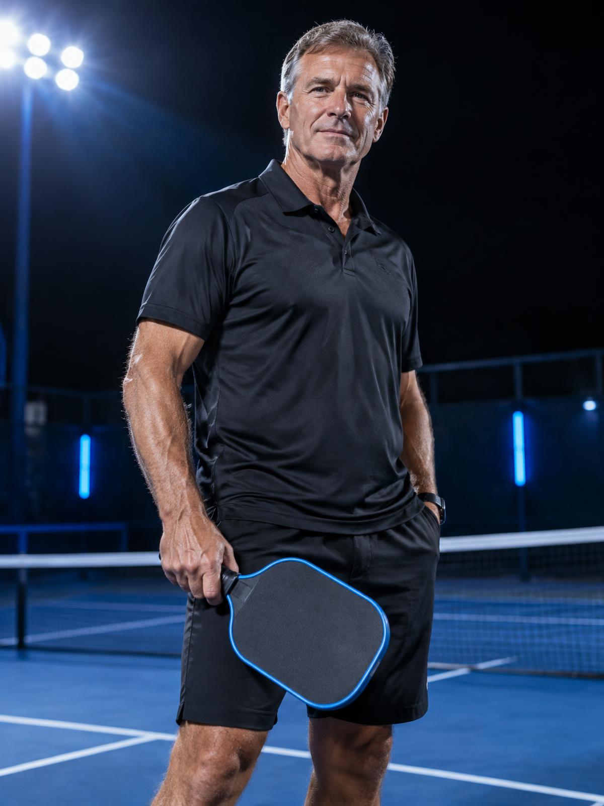 Temporary portrait representing John Gill on a pickleball court